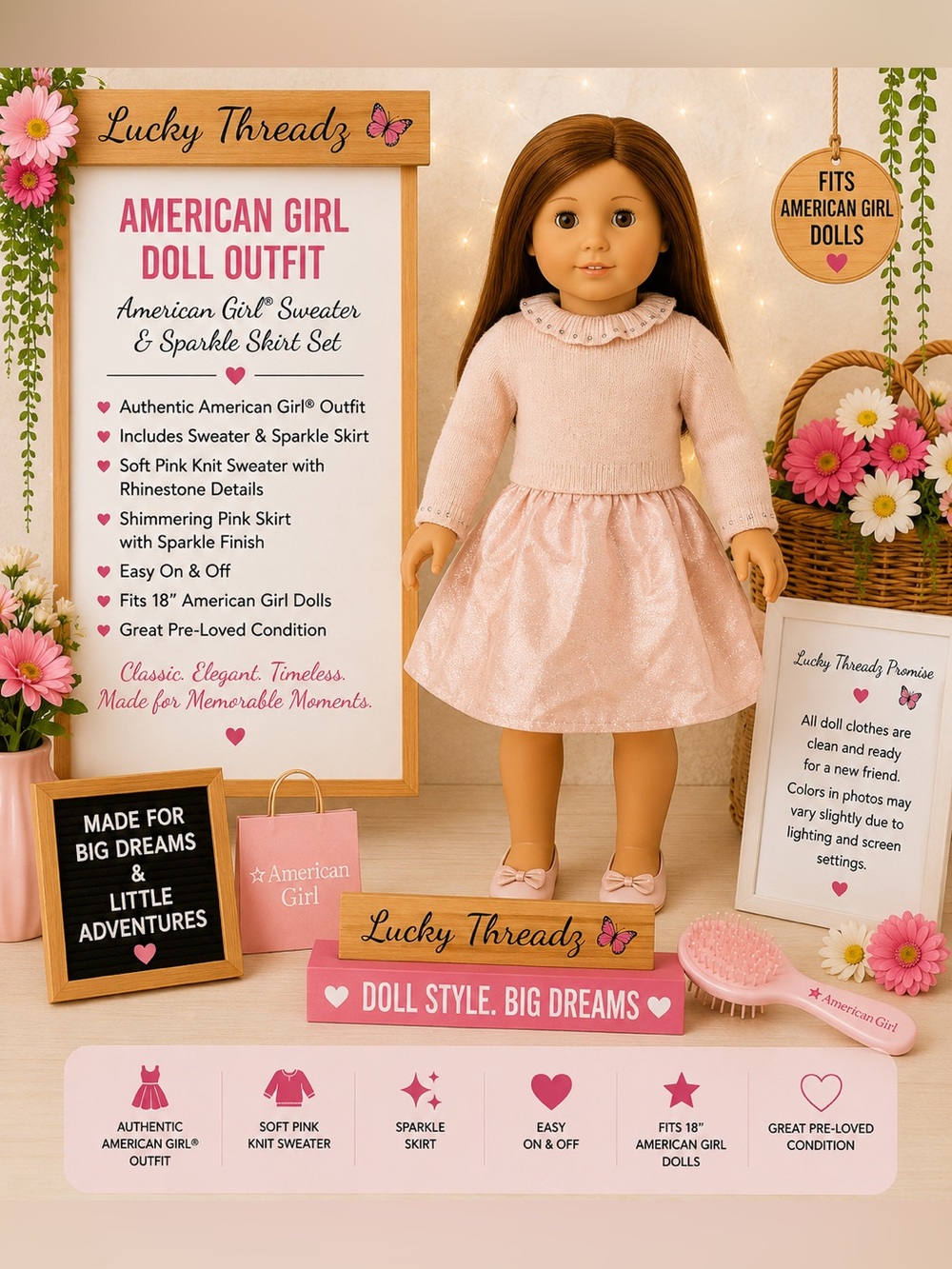 American Girl Soft Pink Knit Sweater and Sparkle Pink Skirt Set